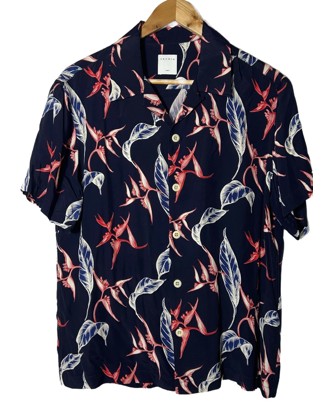 Sandro Shirt Sz L Navy Short-Sleeve Button Shirt with Red and Cream Floral Print